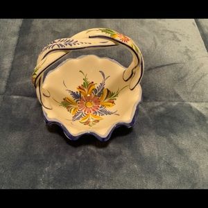 Handmade & hand painted earthenware basket from Portugal. White with mainly blue